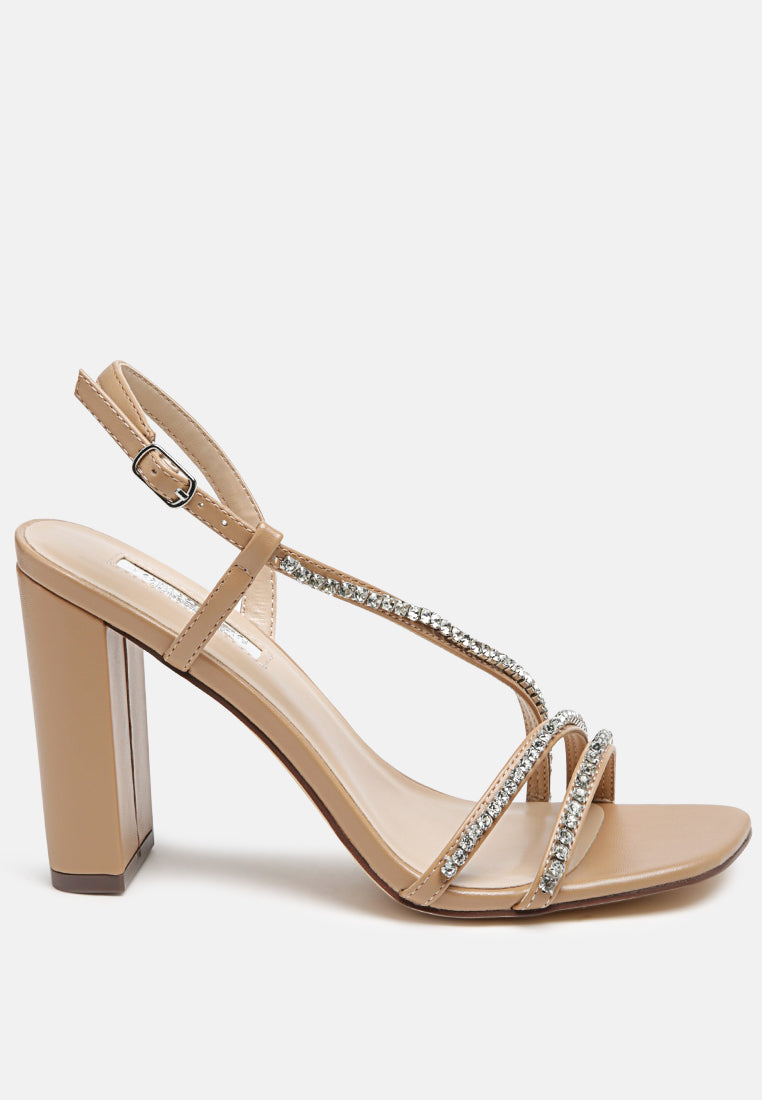 Raisins Pie Diamante Embellished Block Heel Sandals featuring sparkling diamante details, faux leather upper, and a comfortable block heel design.