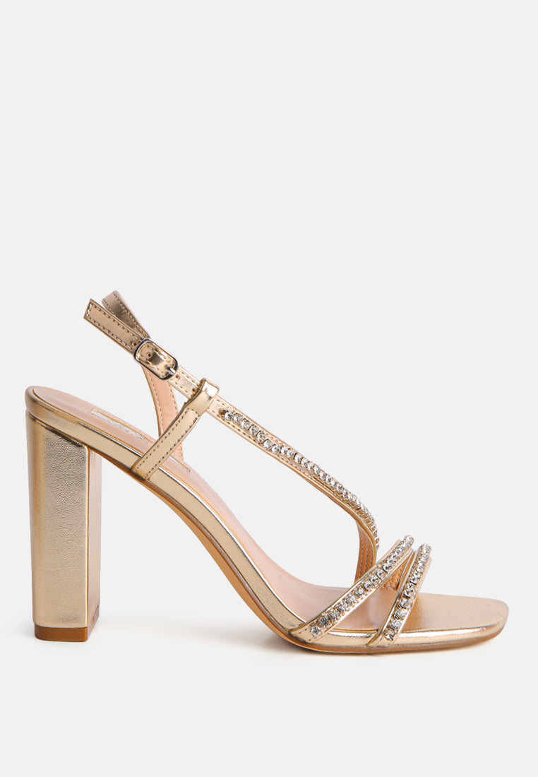 Raisins Pie Diamante Embellished Block Heel Sandals featuring sparkling diamante details, faux leather upper, and a comfortable block heel design.