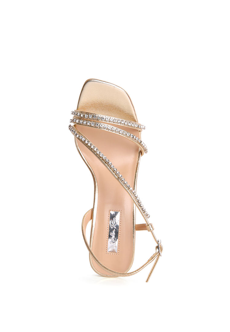 Raisins Pie Diamante Embellished Block Heel Sandals featuring sparkling diamante details, faux leather upper, and a comfortable block heel design.