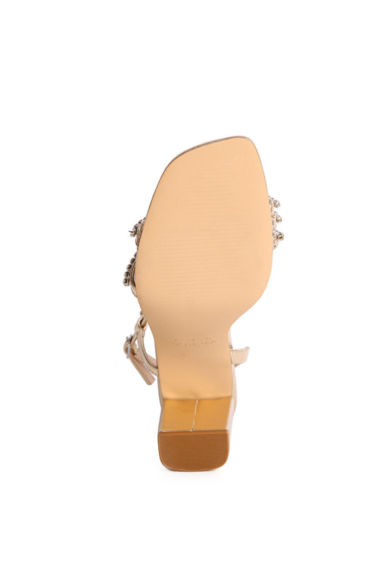 Raisins Pie Diamante Embellished Block Heel Sandals featuring sparkling diamante details, faux leather upper, and a comfortable block heel design.