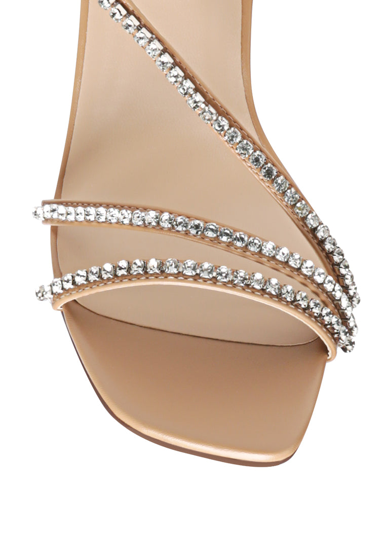 Raisins Pie Diamante Embellished Block Heel Sandals featuring sparkling diamante details, faux leather upper, and a comfortable block heel design.