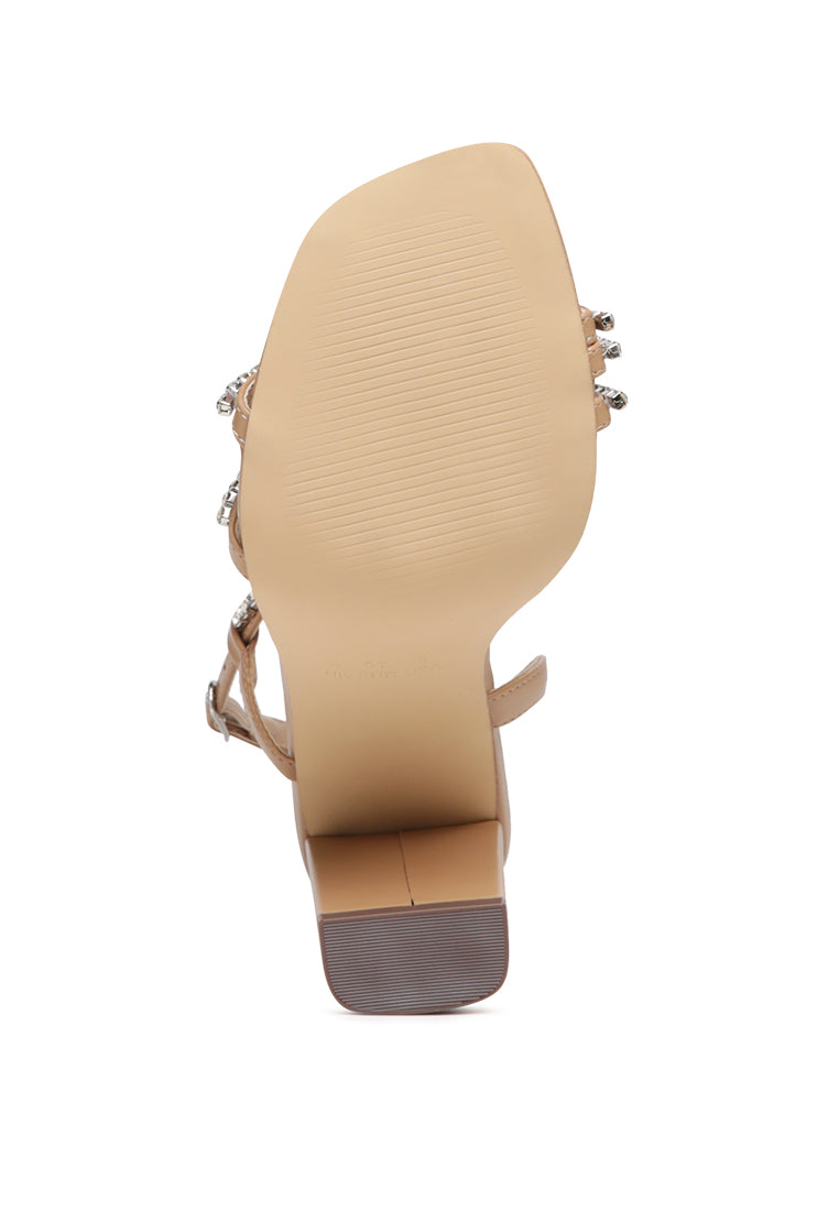 Raisins Pie Diamante Embellished Block Heel Sandals featuring sparkling diamante details, faux leather upper, and a comfortable block heel design.