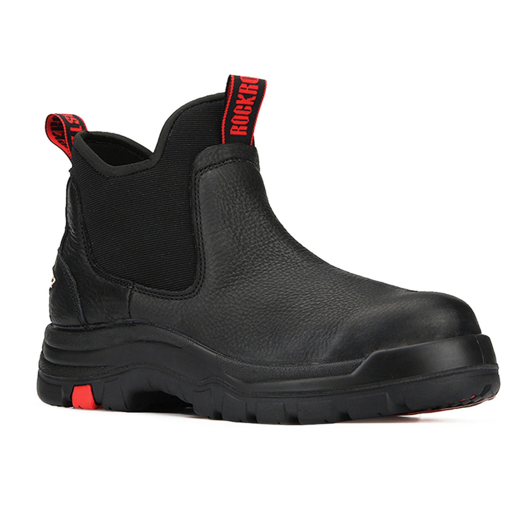ROCKROOSTER Bakken 6 inch Soft Toe Black Leather Waterproof Work Boots showcasing durable leather, slip-resistant outsole, and waterproof features.