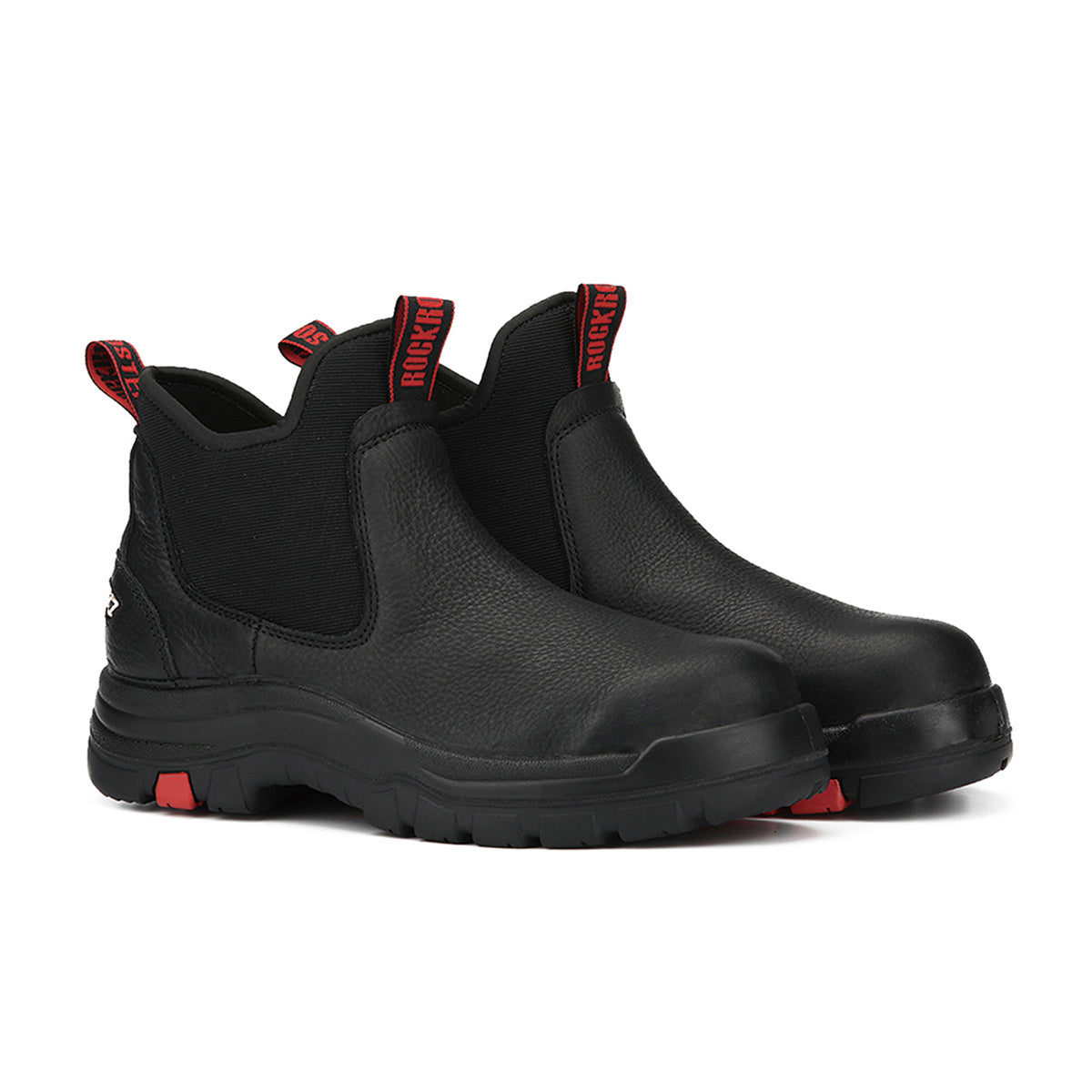 ROCKROOSTER Bakken 6 inch Soft Toe Black Leather Waterproof Work Boots showcasing durable leather, slip-resistant outsole, and waterproof features.