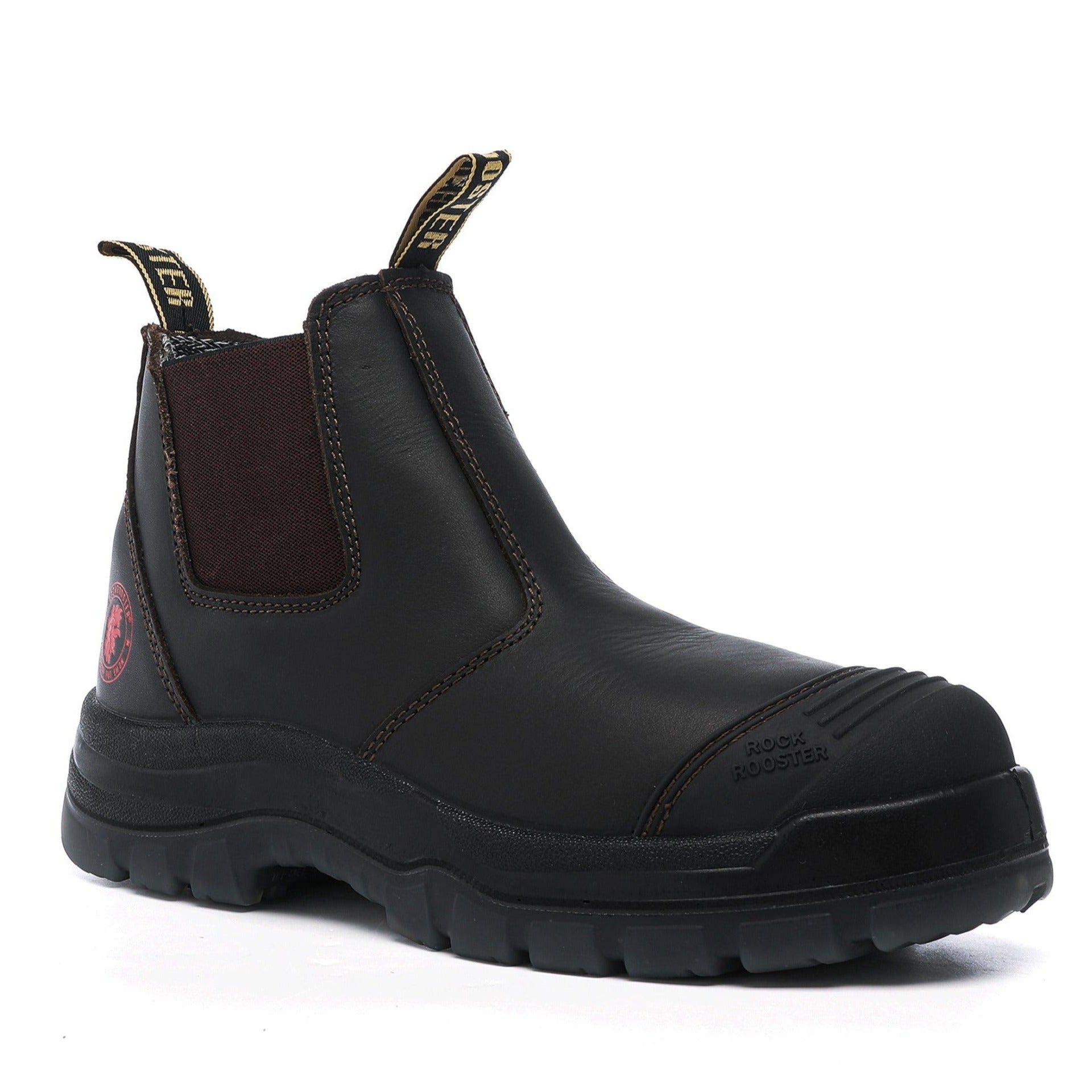 ROCKROOSTER Bakken Dark Brown 6 inch Pull on Leather Work Boots with steel toecap and slip-resistant outsole.