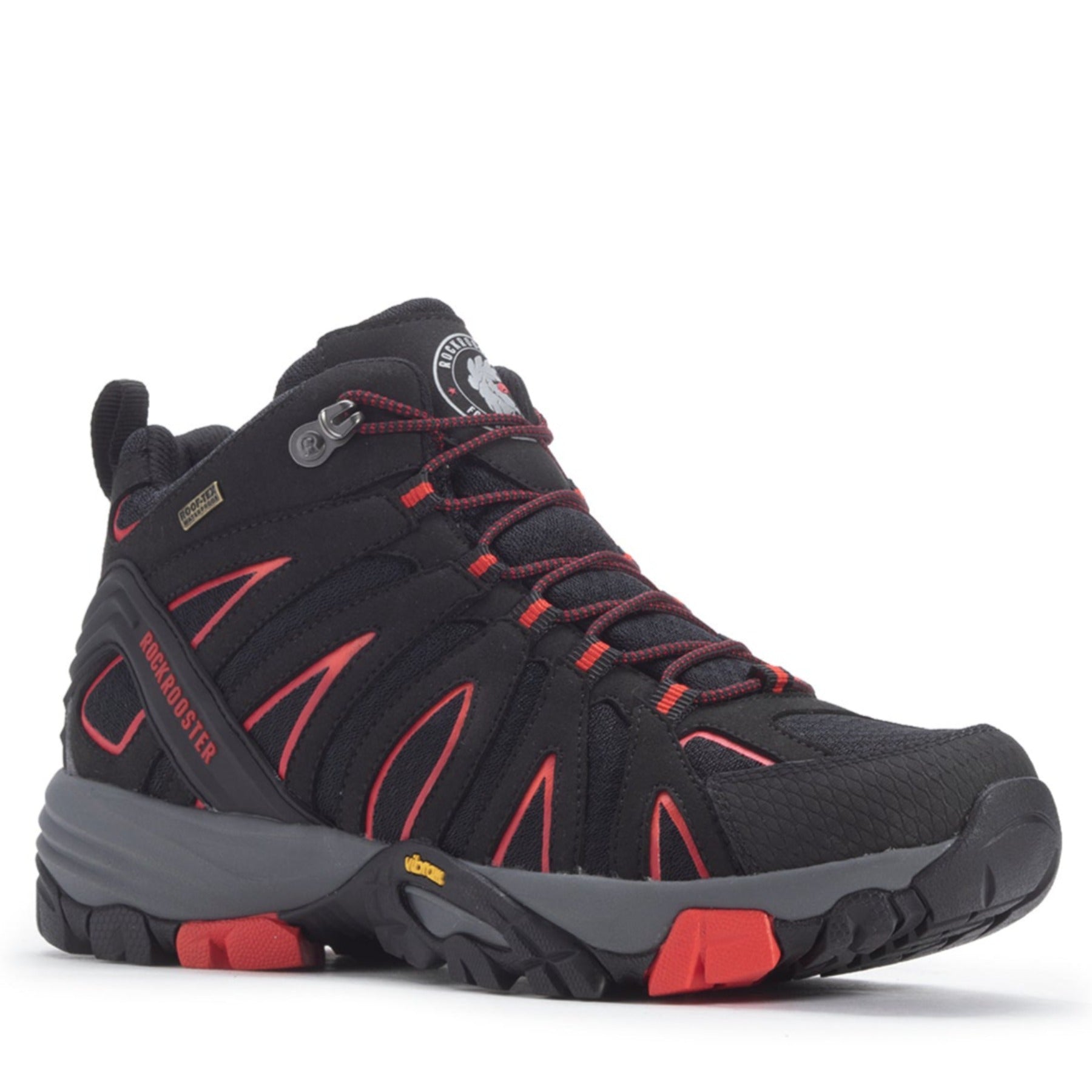 ROCKROOSTER Bedrock Black 6 Inch Waterproof Hiking Boots featuring Vibram® outsole and microfiber leather upper, designed for comfort and durability.