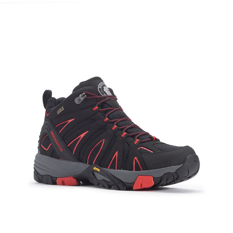ROCKROOSTER Bedrock Black 6 Inch Waterproof Hiking Boots featuring Vibram® outsole and microfiber leather upper, designed for comfort and durability.