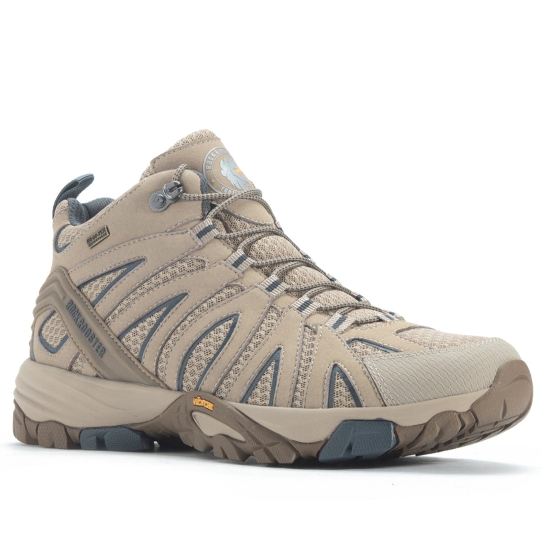 ROCKROOSTER Bedrock Sand 6 Inch Waterproof Hiking Boots featuring VIBRAM® outsole, showcasing their durable design and stylish Sand/Gray color.
