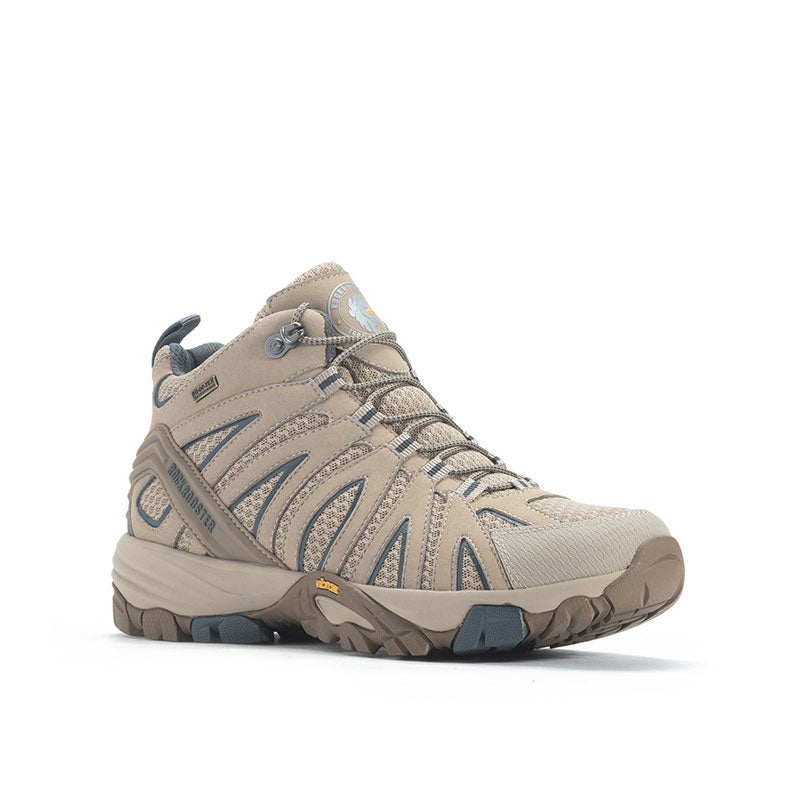 ROCKROOSTER Bedrock Sand 6 Inch Waterproof Hiking Boots featuring VIBRAM® outsole, showcasing their durable design and stylish Sand/Gray color.