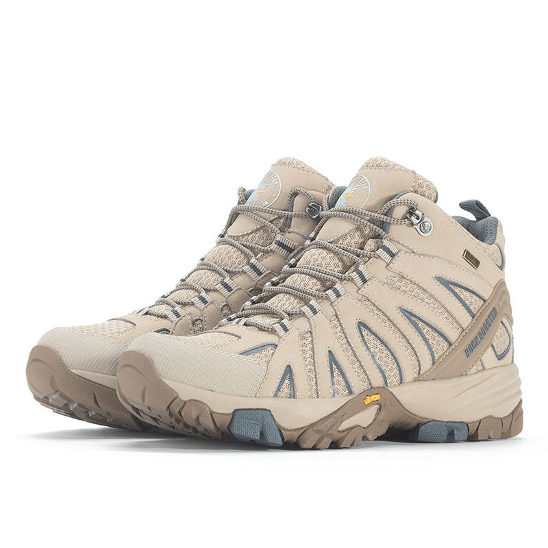 ROCKROOSTER Bedrock Sand 6 Inch Waterproof Hiking Boots featuring VIBRAM® outsole, showcasing their durable design and stylish Sand/Gray color.