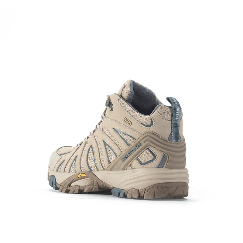 ROCKROOSTER Bedrock Sand 6 Inch Waterproof Hiking Boots featuring VIBRAM® outsole, showcasing their durable design and stylish Sand/Gray color.