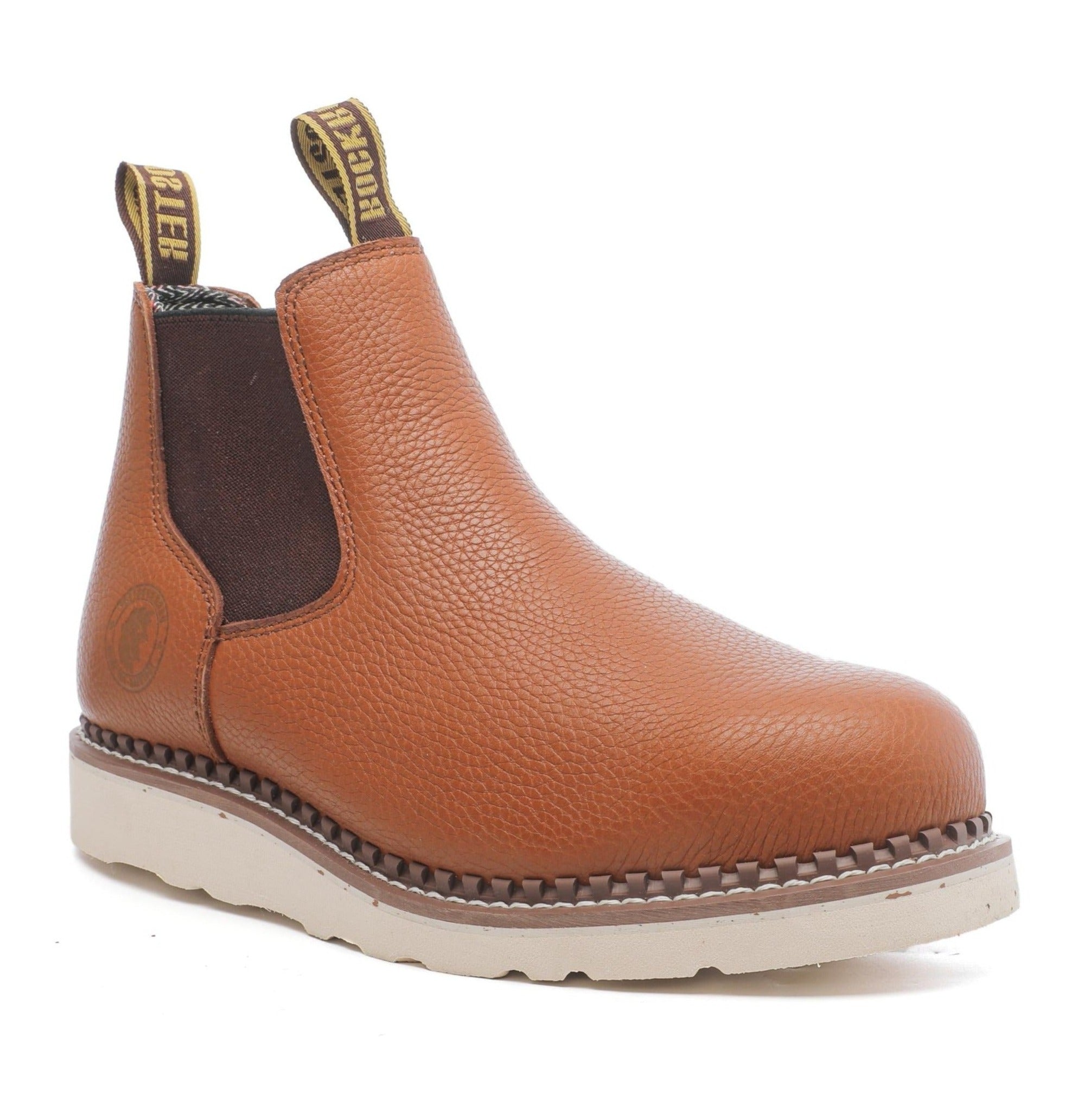 ROCKROOSTER Trinidad Men's 6 inch Brown Steel Toe Wedge Work Boots showcasing durable leather and steel toe protection.