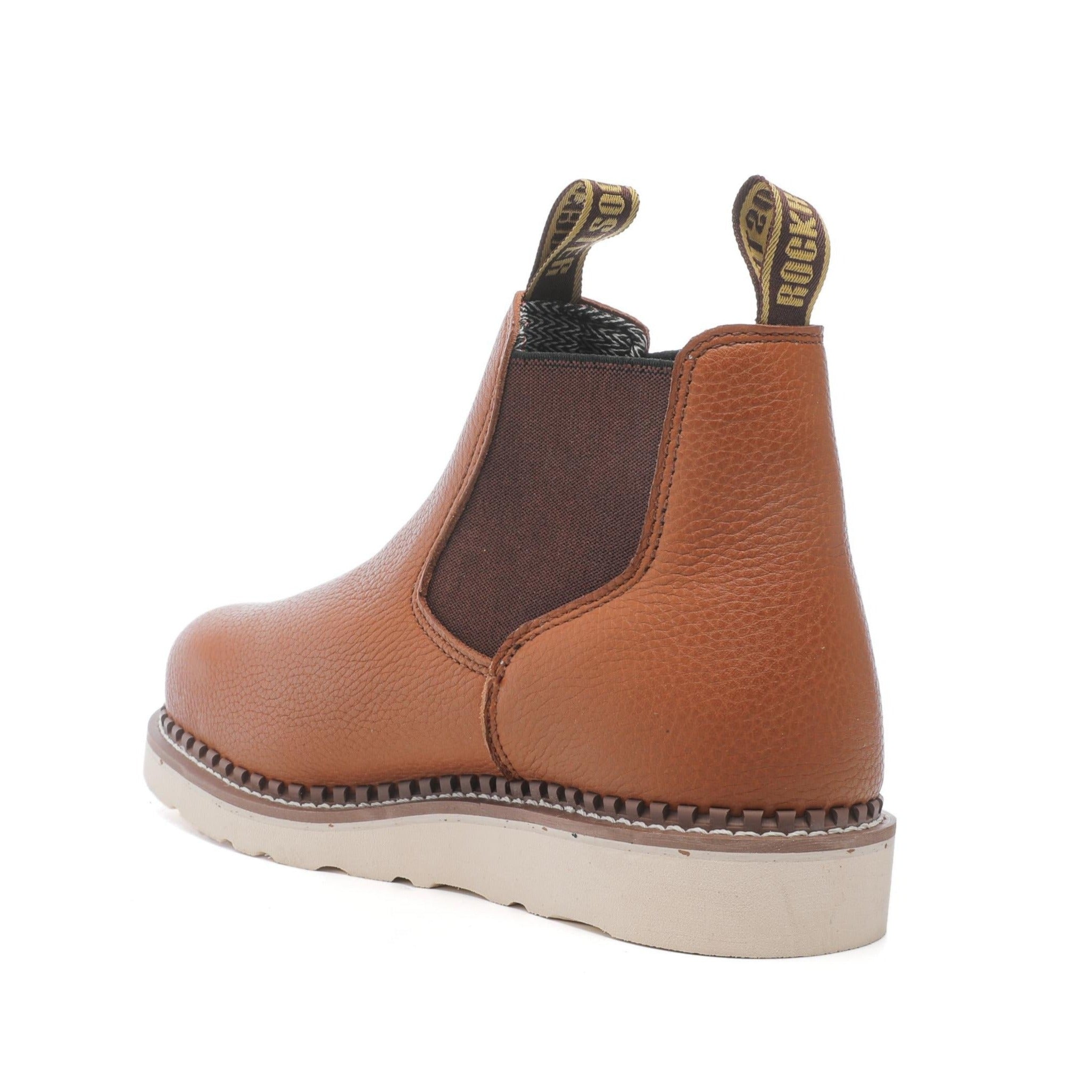 ROCKROOSTER Trinidad Men's 6 inch Brown Steel Toe Wedge Work Boots showcasing durable leather and steel toe protection.