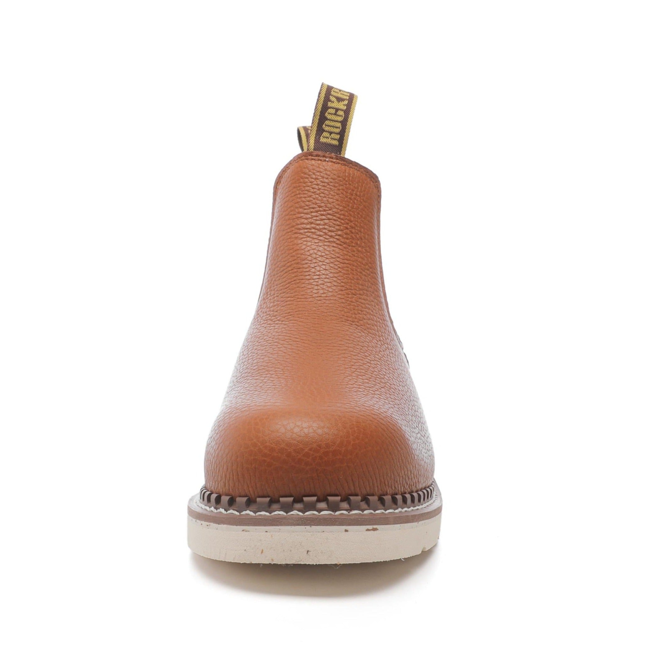 ROCKROOSTER Trinidad Men's 6 inch Brown Steel Toe Wedge Work Boots showcasing durable leather and steel toe protection.