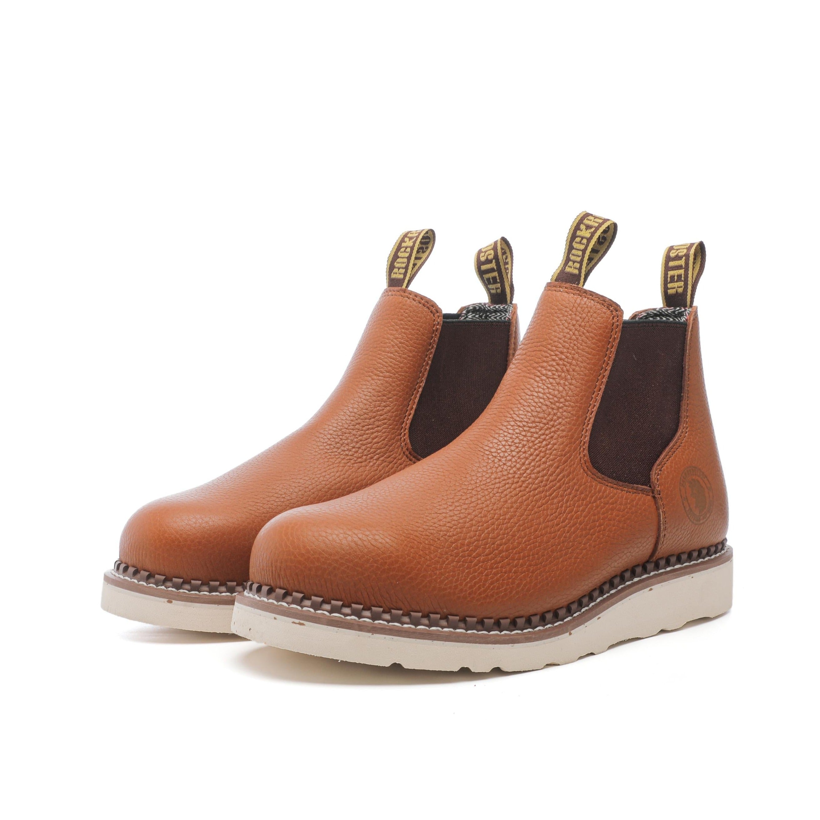 ROCKROOSTER Trinidad Men's 6 inch Brown Steel Toe Wedge Work Boots showcasing durable leather and steel toe protection.