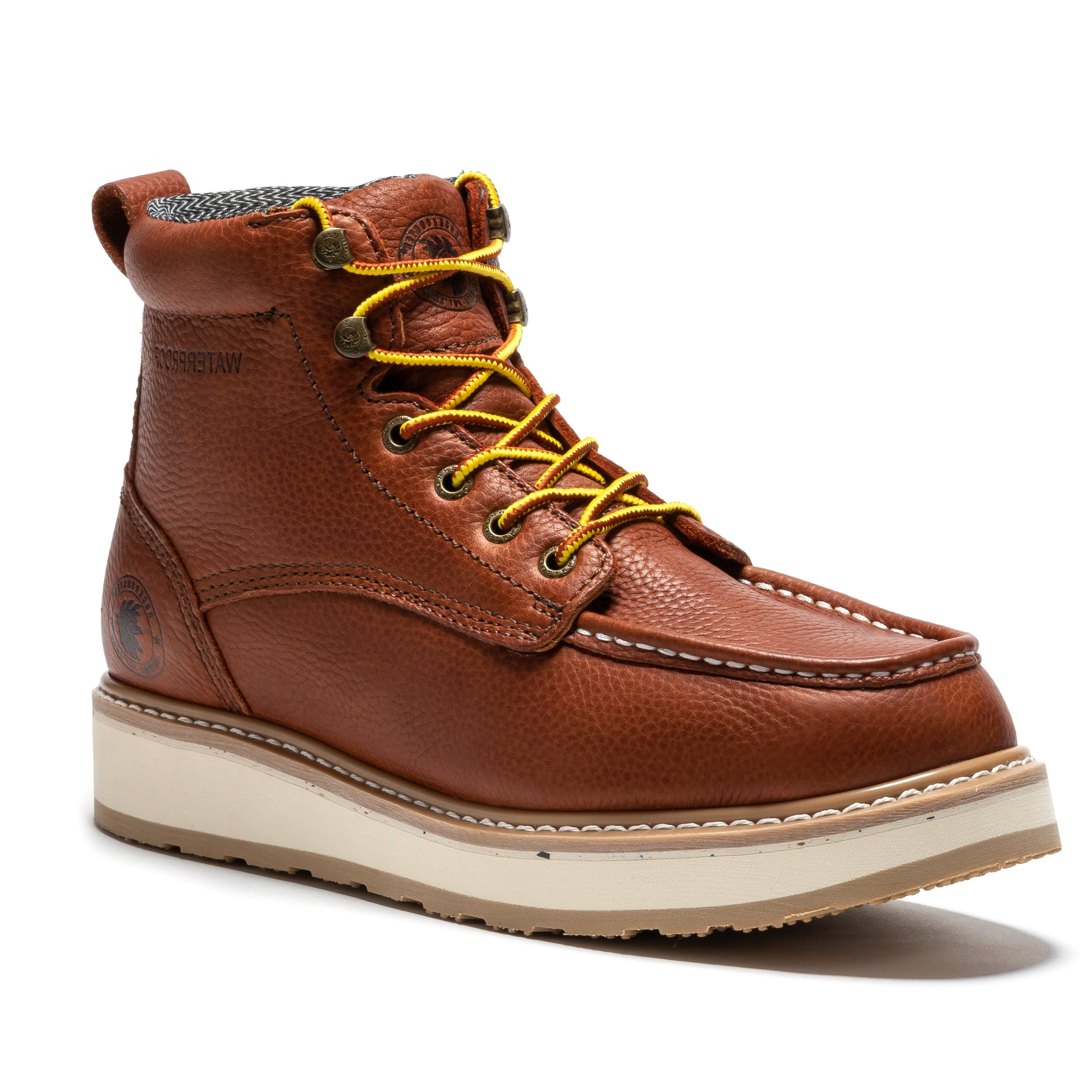 ROCKROOSTER Walker 6 inch Waterproof Wedge Work Boots showcasing soft toe, Vibram outsole, and durable leather construction.