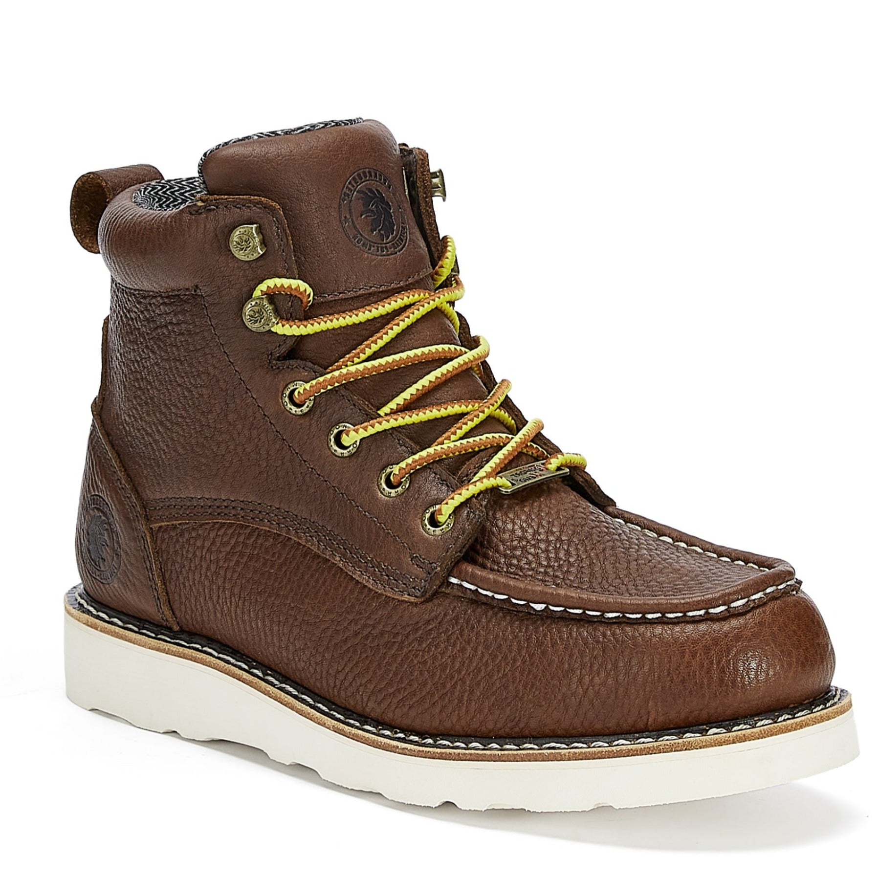 ROCKROOSTER Walker 6 inch Waterproof Wedge Work Boots showcasing soft toe, Vibram outsole, and durable leather construction.