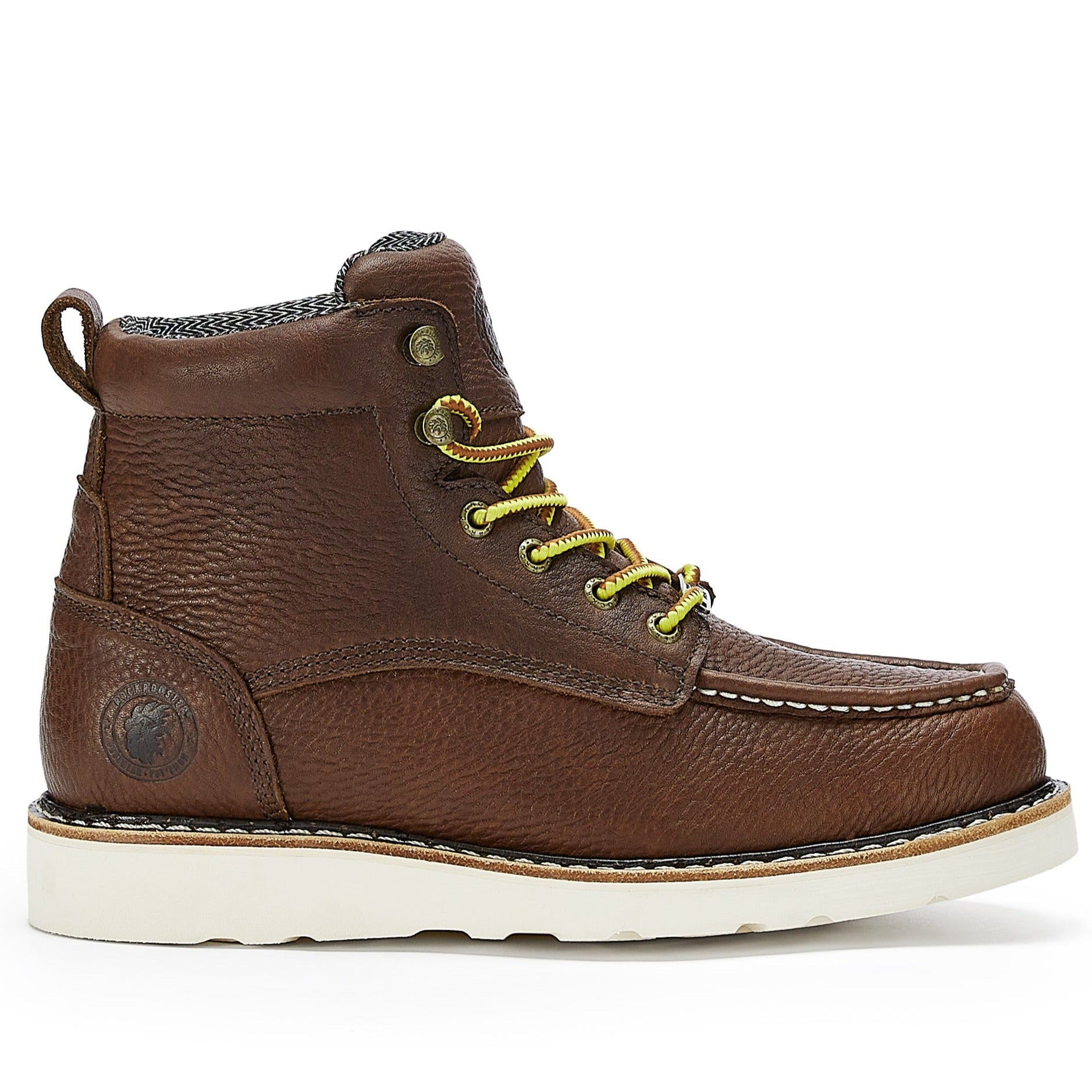 ROCKROOSTER Walker 6 inch Waterproof Wedge Work Boots showcasing soft toe, Vibram outsole, and durable leather construction.