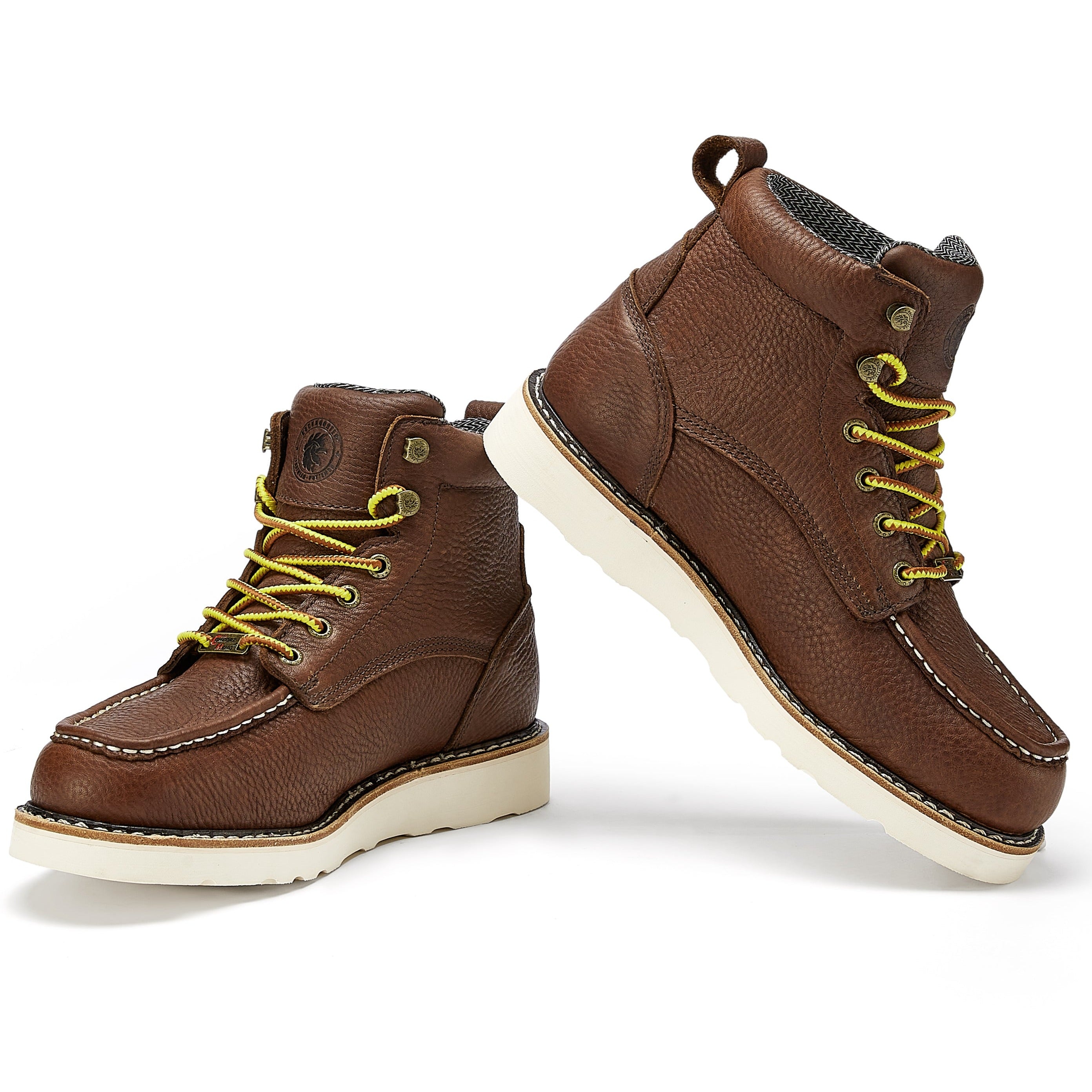 ROCKROOSTER Walker 6 inch Waterproof Wedge Work Boots showcasing soft toe, Vibram outsole, and durable leather construction.