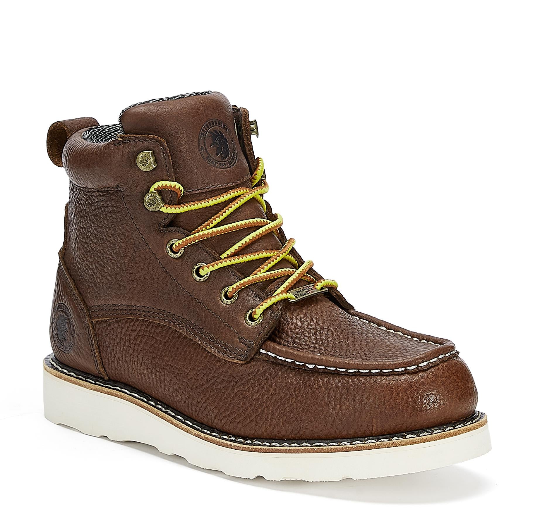 ROCKROOSTER Walker 6 inch Wedge Work Boots featuring a soft toe, Vibram outsole, and durable leather construction, ideal for work environments.