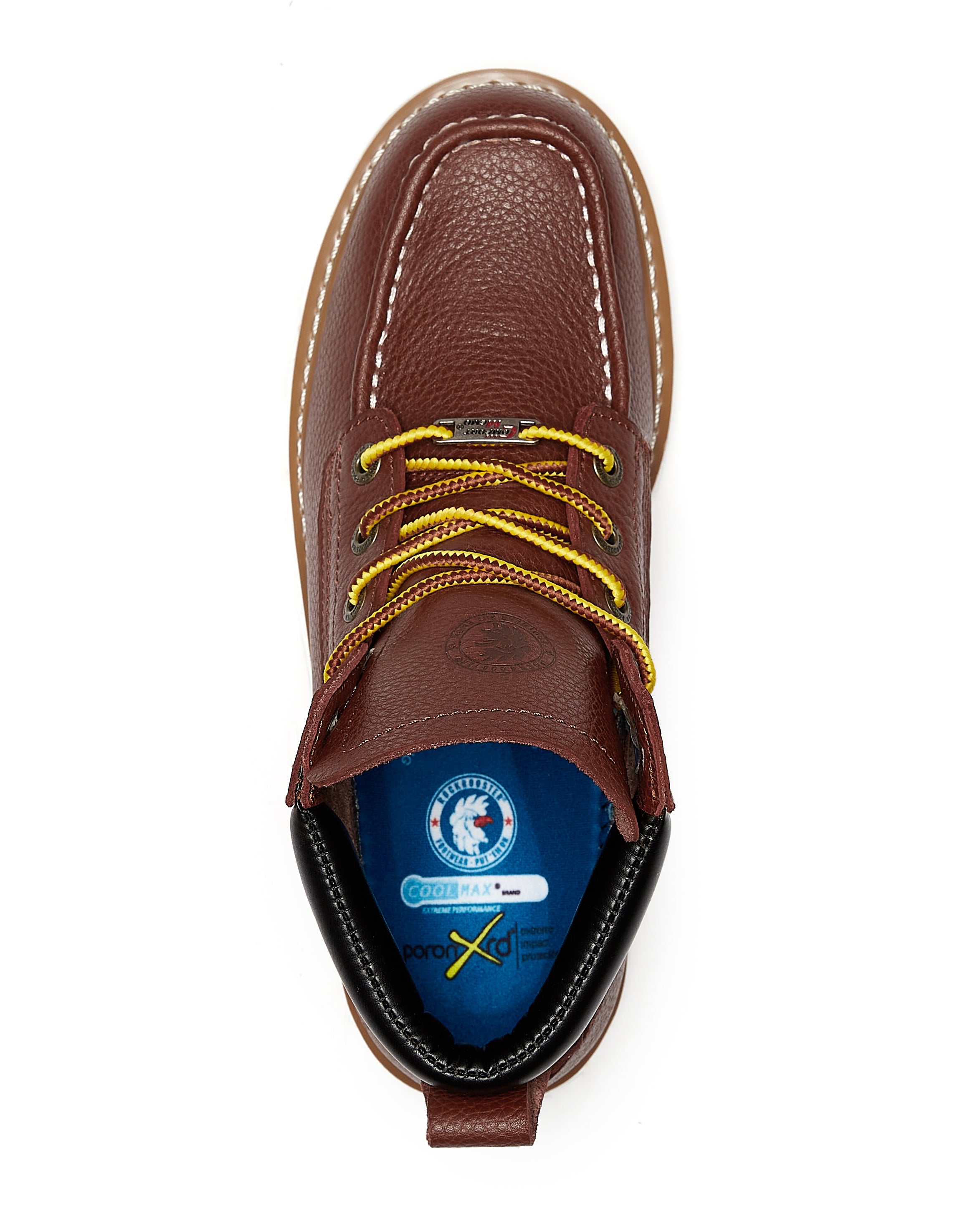 ROCKROOSTER Walker 6 inch Wedge Work Boots featuring a soft toe, Vibram outsole, and durable leather construction, ideal for work environments.