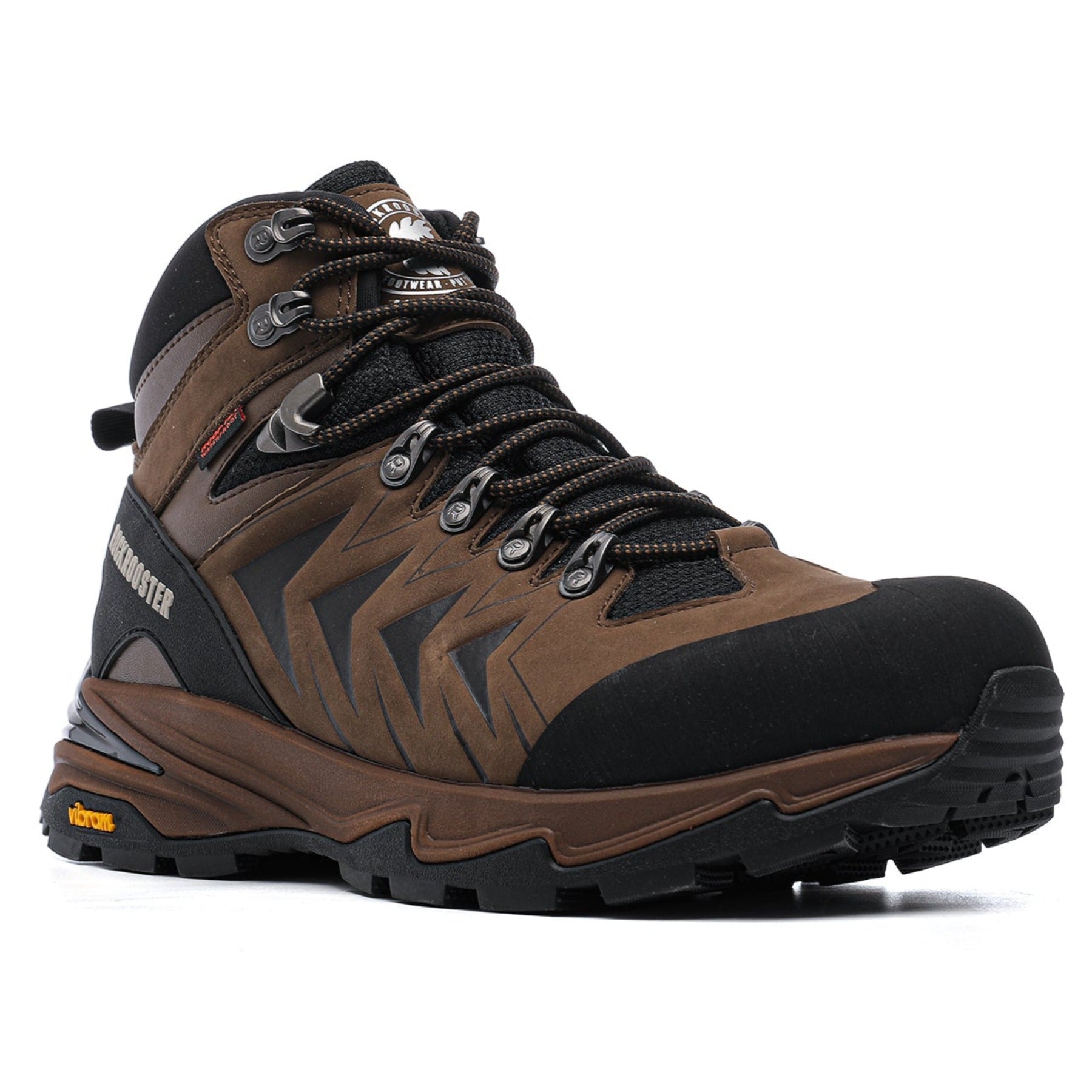 ROCKROOSTER Williamsburg Brown 6 Inch Waterproof Hiking Boots showcasing durable nubuck leather and slip-resistant Vibram outsole.