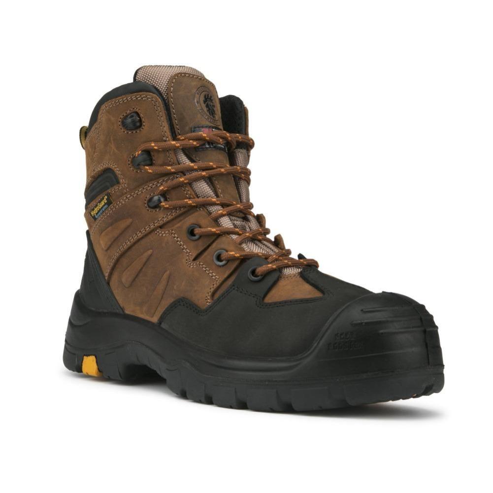 ROCKROOSTER Woodland Brown 6 inch waterproof safety toe leather work boots with slip-resistant rubber outsole and composite toe protection.