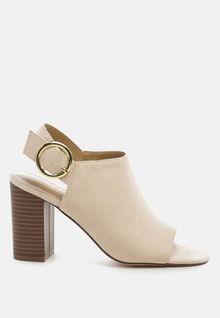 Roisin Stacked Block Heel Faux Suede Sandals featuring a peep-toe design, slingback ankle strap, and gold metallic pin buckle.
