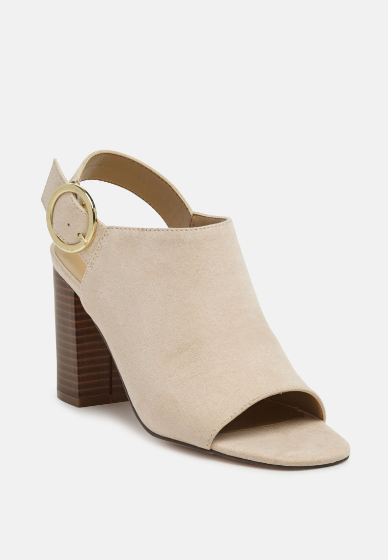 Roisin Stacked Block Heel Faux Suede Sandals featuring a peep-toe design, slingback ankle strap, and gold metallic pin buckle.