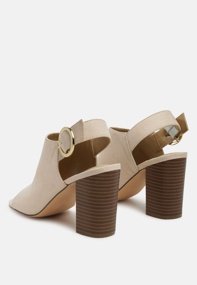 Roisin Stacked Block Heel Faux Suede Sandals featuring a peep-toe design, slingback ankle strap, and gold metallic pin buckle.