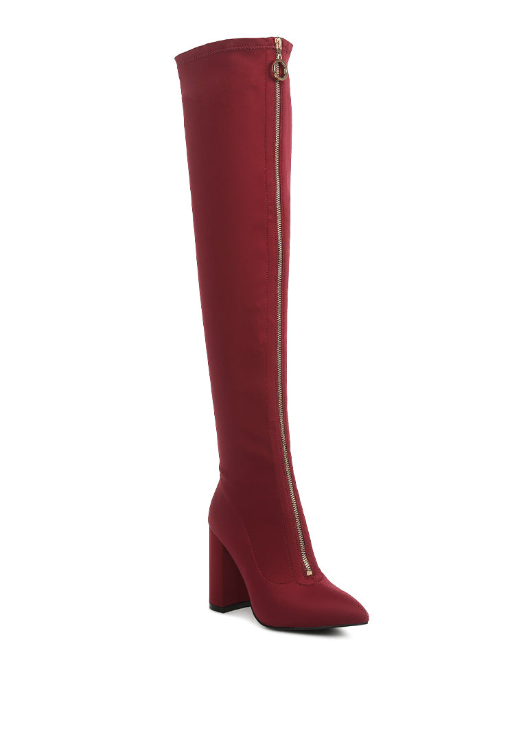 Ronettes Over-The-Knee Boot featuring a block heel, metallic zipper, and elasticated gussets for a stylish and comfortable fit.