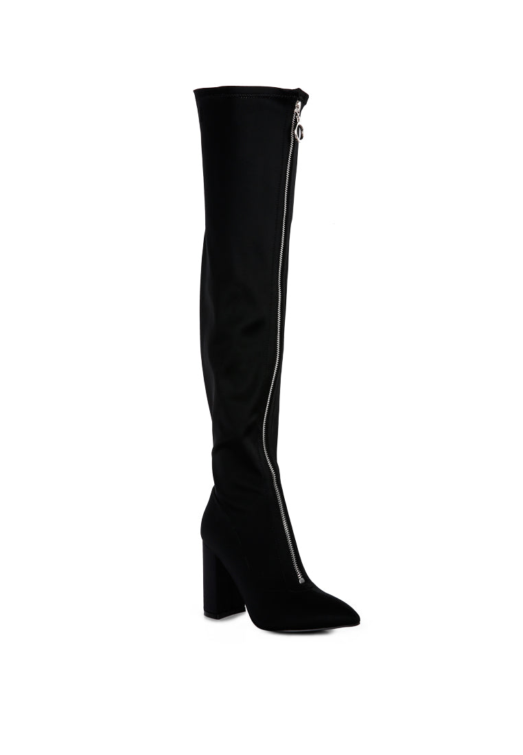 Ronettes Over-The-Knee Boot featuring a block heel, metallic zipper, and elasticated gussets for a stylish and comfortable fit.