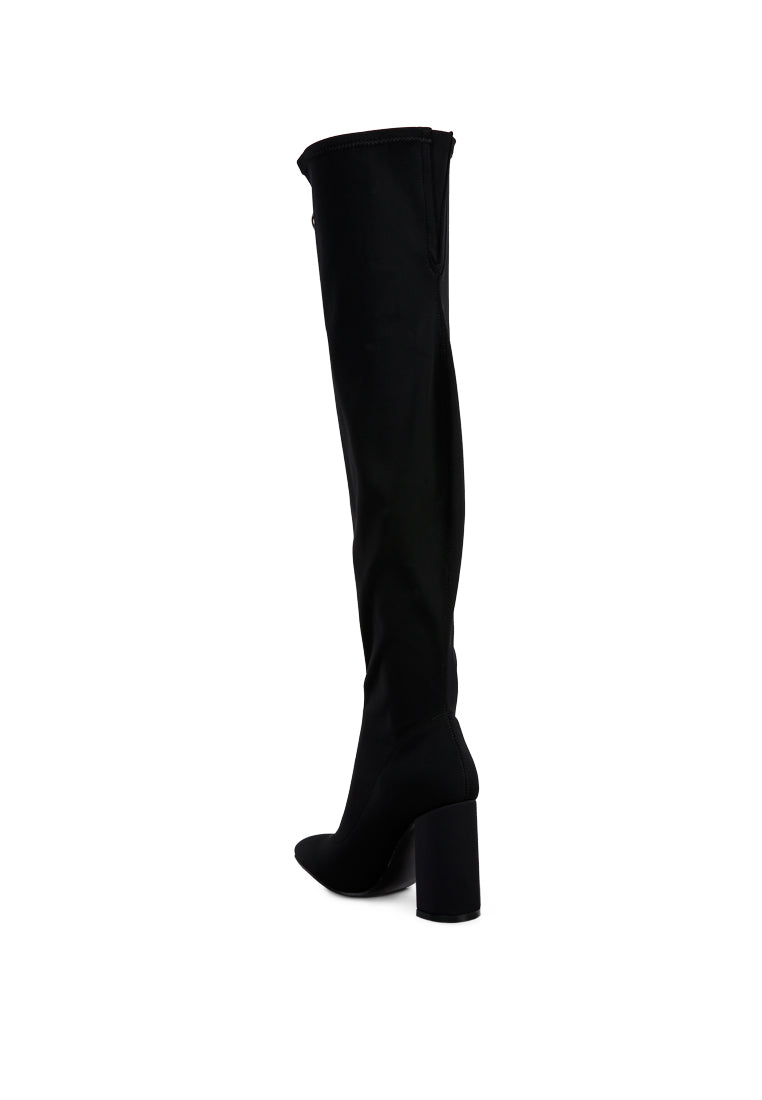 Ronettes Over-The-Knee Boot featuring a block heel, metallic zipper, and elasticated gussets for a stylish and comfortable fit.