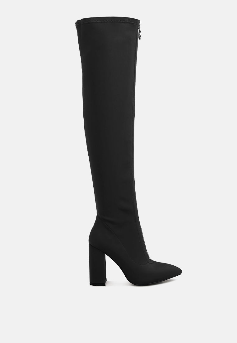 Ronettes Over-The-Knee Boot featuring a block heel, metallic zipper, and elasticated gussets for a stylish and comfortable fit.
