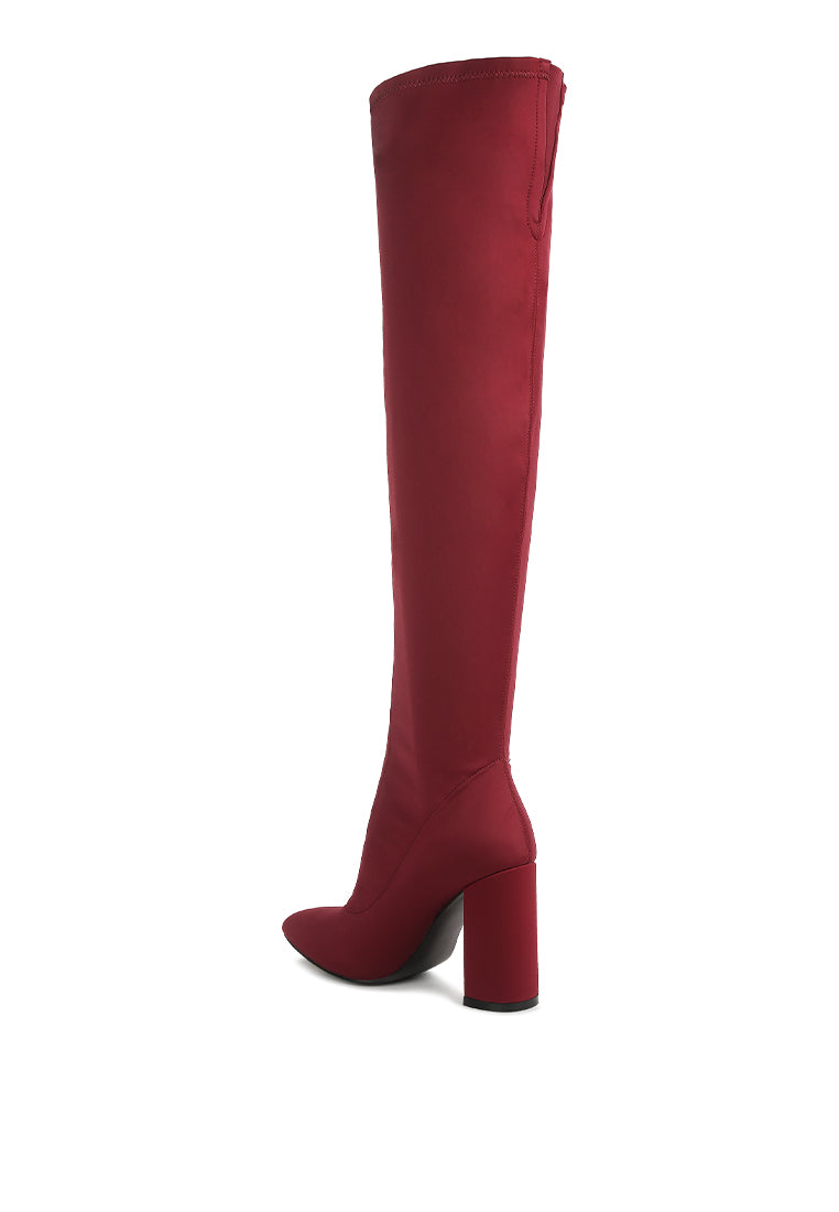 Ronettes Over-The-Knee Boot featuring a block heel, metallic zipper, and elasticated gussets for a stylish and comfortable fit.
