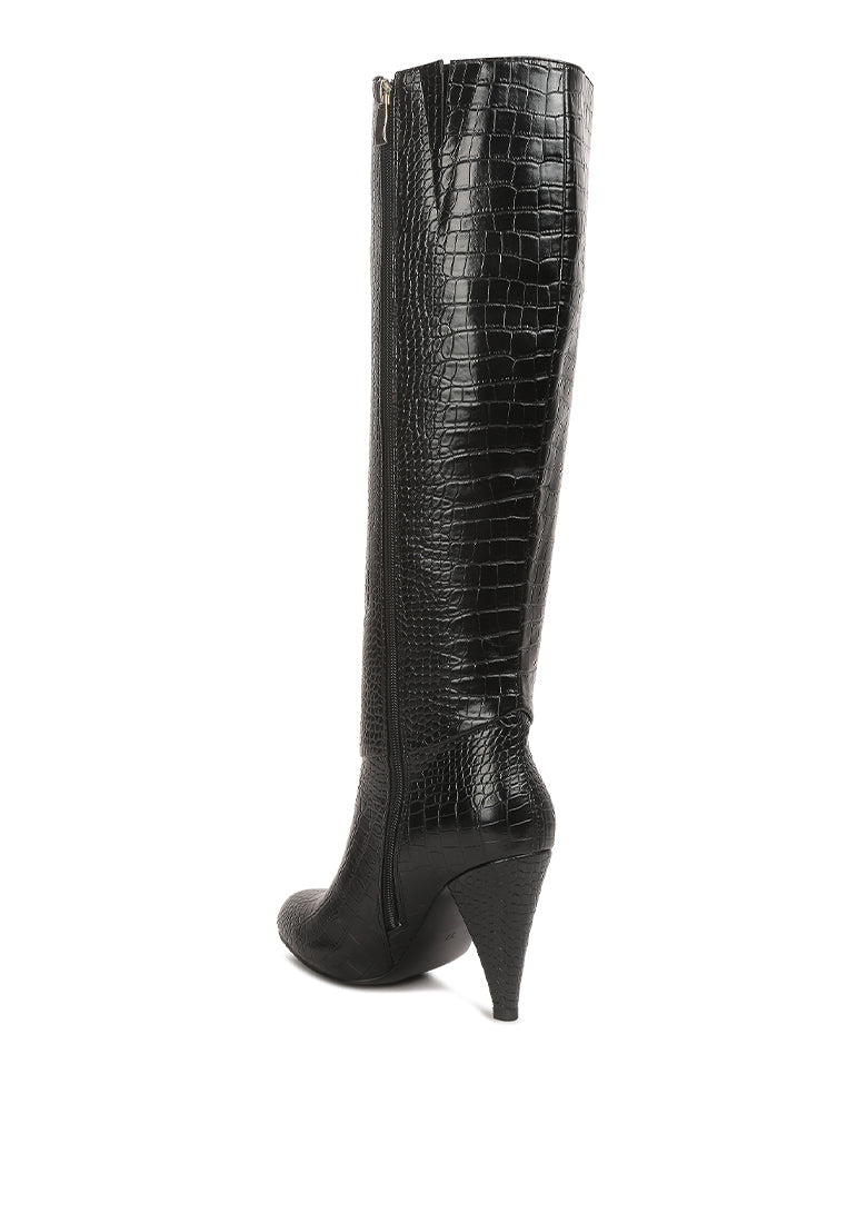 Stylish Rum Rolls Calf Croc Boots featuring a croc texture, pointed heel, and side zipper, perfect for winter outings.