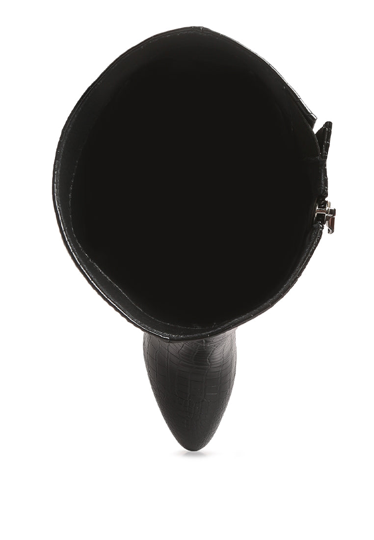 Stylish Rum Rolls Calf Croc Boots featuring a croc texture, pointed heel, and side zipper, perfect for winter outings.