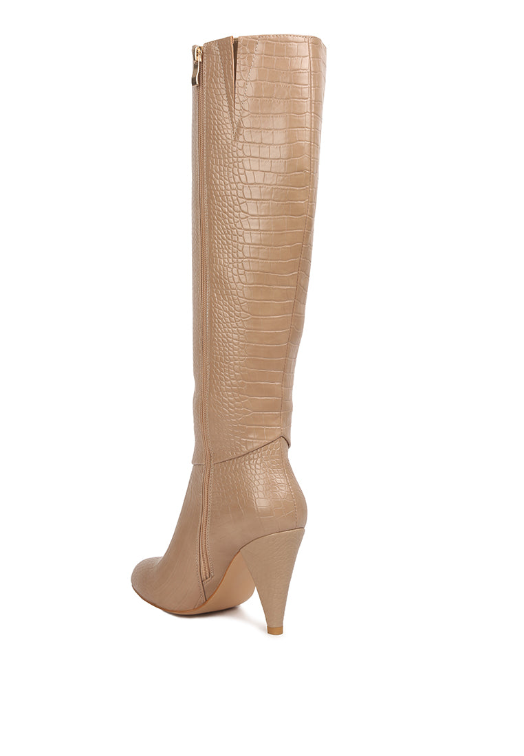 Stylish Rum Rolls Calf Croc Boots featuring a croc texture, pointed heel, and side zipper, perfect for winter outings.