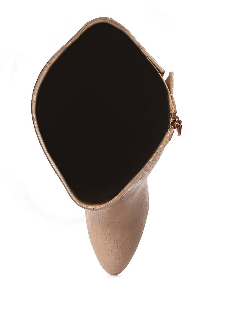 Stylish Rum Rolls Calf Croc Boots featuring a croc texture, pointed heel, and side zipper, perfect for winter outings.