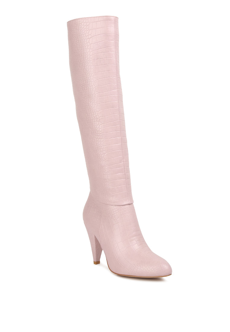 Stylish Rum Rolls Calf Croc Boots featuring a croc texture, pointed heel, and side zipper, perfect for winter outings.