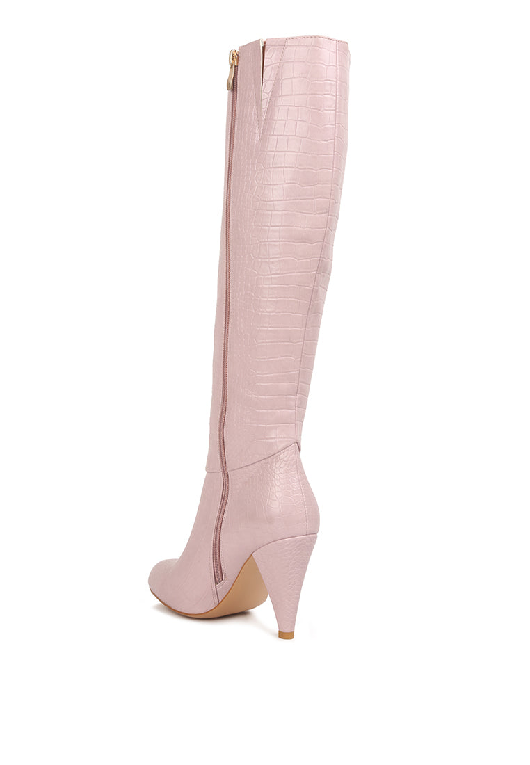 Stylish Rum Rolls Calf Croc Boots featuring a croc texture, pointed heel, and side zipper, perfect for winter outings.