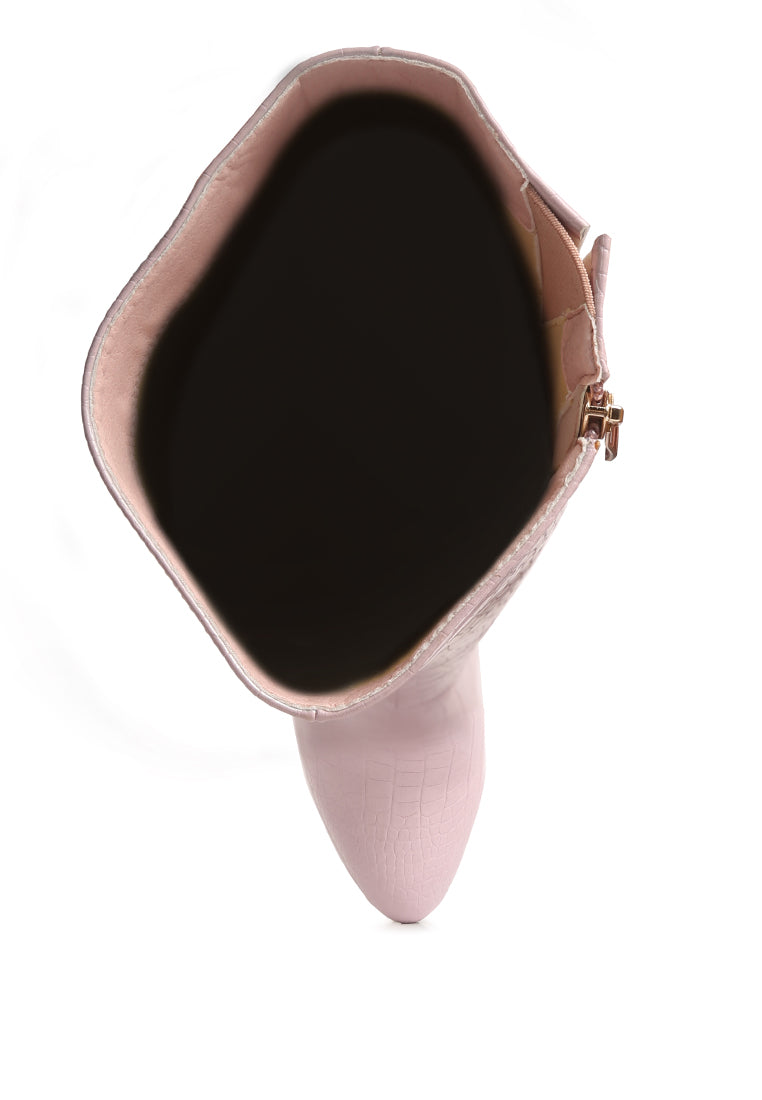 Stylish Rum Rolls Calf Croc Boots featuring a croc texture, pointed heel, and side zipper, perfect for winter outings.