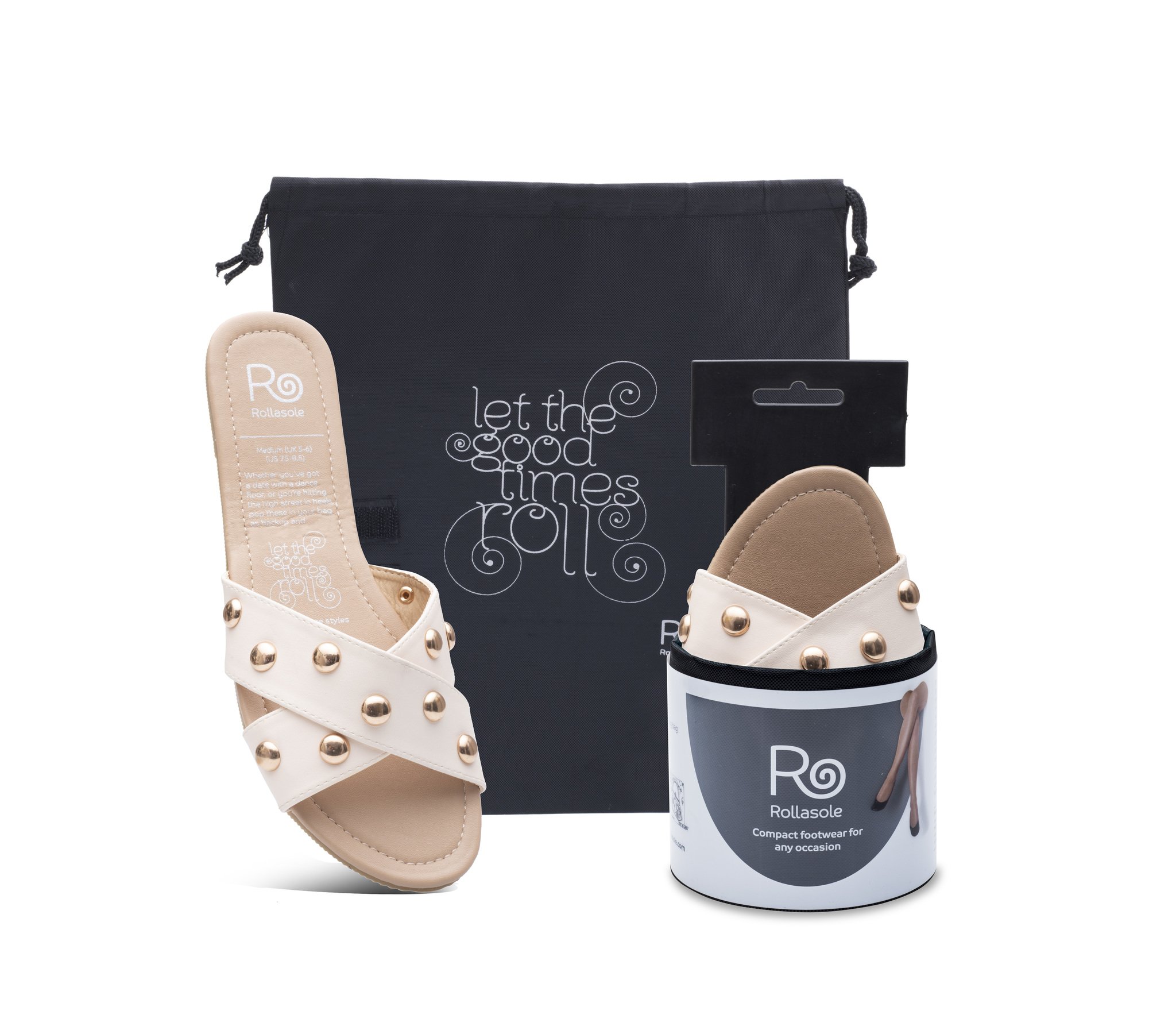 Cream studded folded sandals designed for comfort and style, perfect for nights out and everyday wear, featuring a high heel carry bag.
