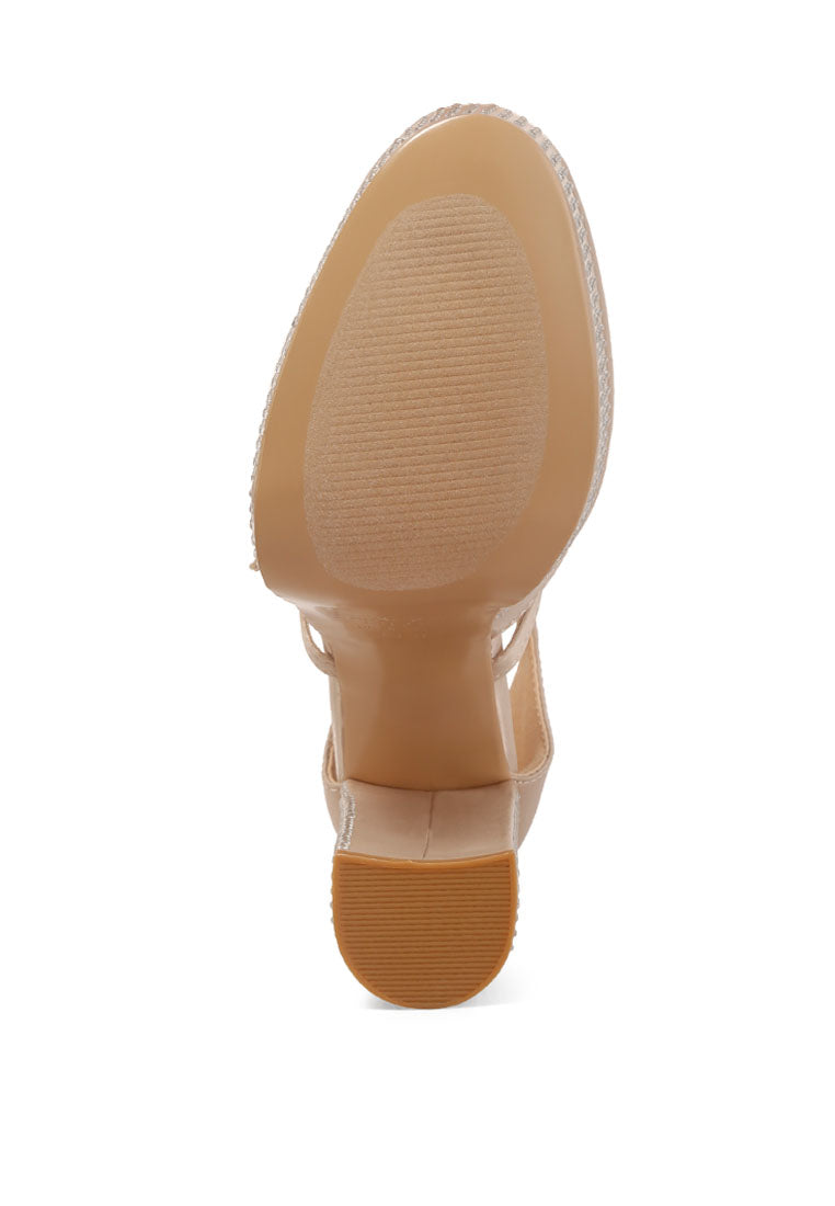 Elegant Shiver Rhinestones Embellished Platform Mary Jane Sandals with satin upper and rhinestone detailing, featuring a closed almond toe and ankle strap.