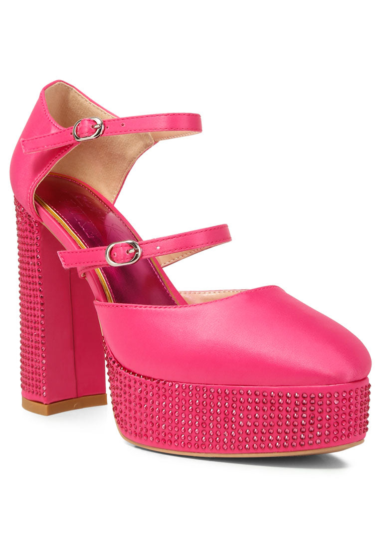 Elegant Shiver Rhinestones Embellished Platform Mary Jane Sandals with satin upper and rhinestone detailing, featuring a closed almond toe and ankle strap.