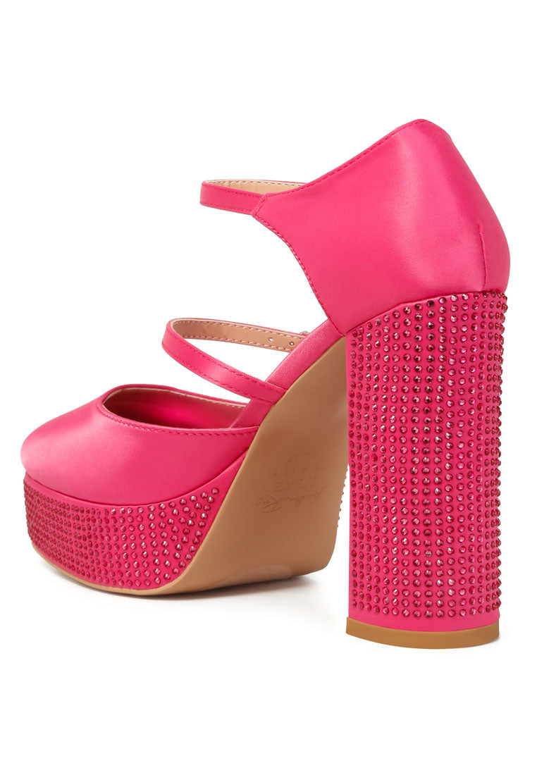 Elegant Shiver Rhinestones Embellished Platform Mary Jane Sandals with satin upper and rhinestone detailing, featuring a closed almond toe and ankle strap.