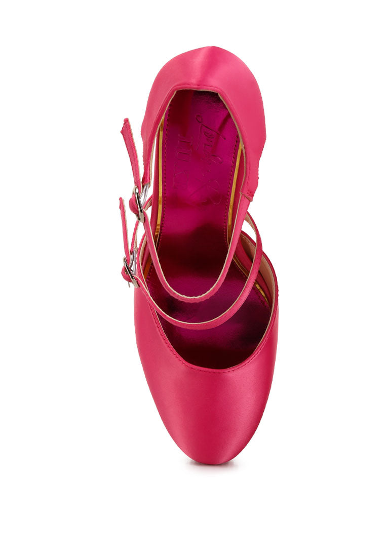 Elegant Shiver Rhinestones Embellished Platform Mary Jane Sandals with satin upper and rhinestone detailing, featuring a closed almond toe and ankle strap.