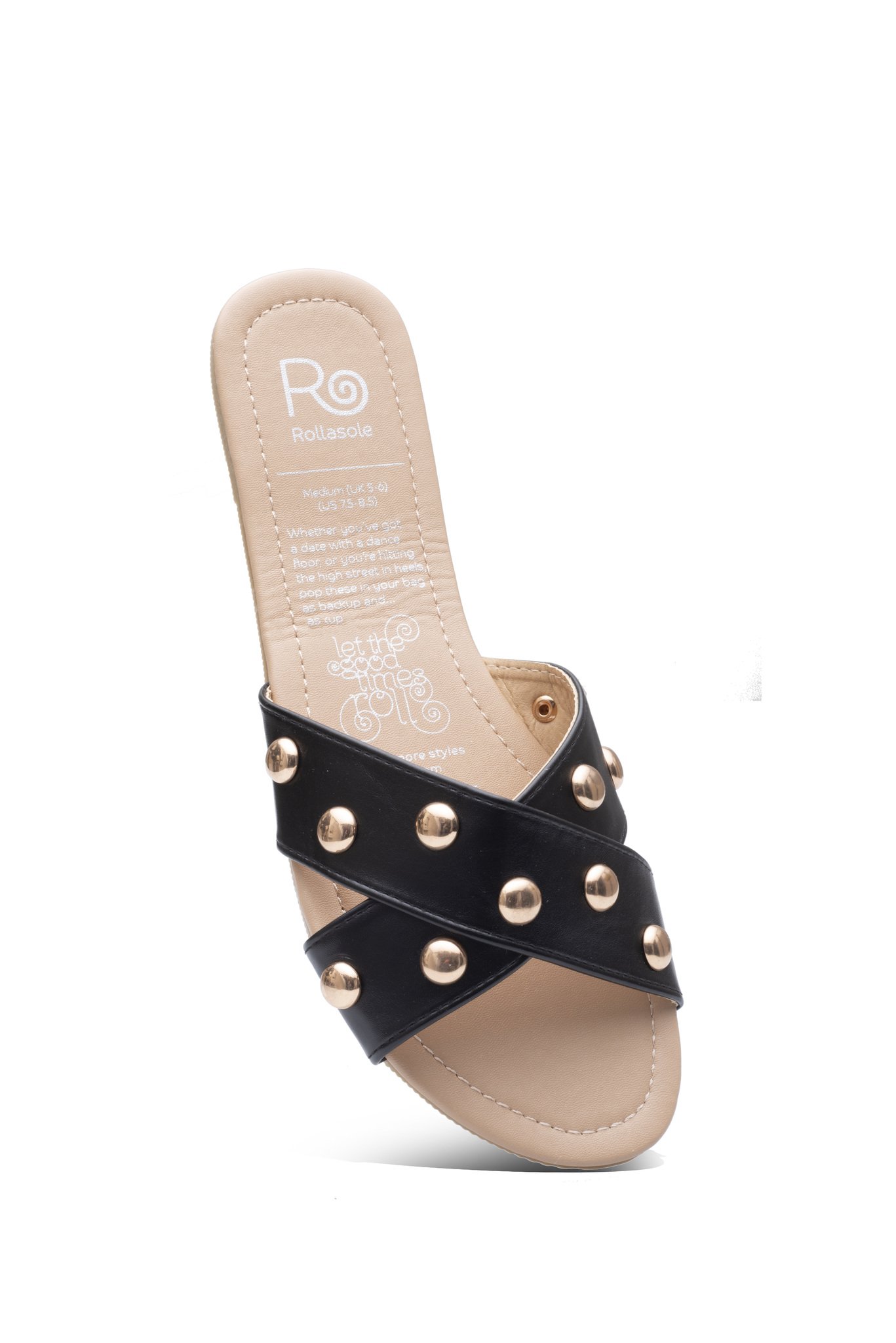 A pair of black studded folded sandals designed for comfort and style, displayed with a high heel carry bag.