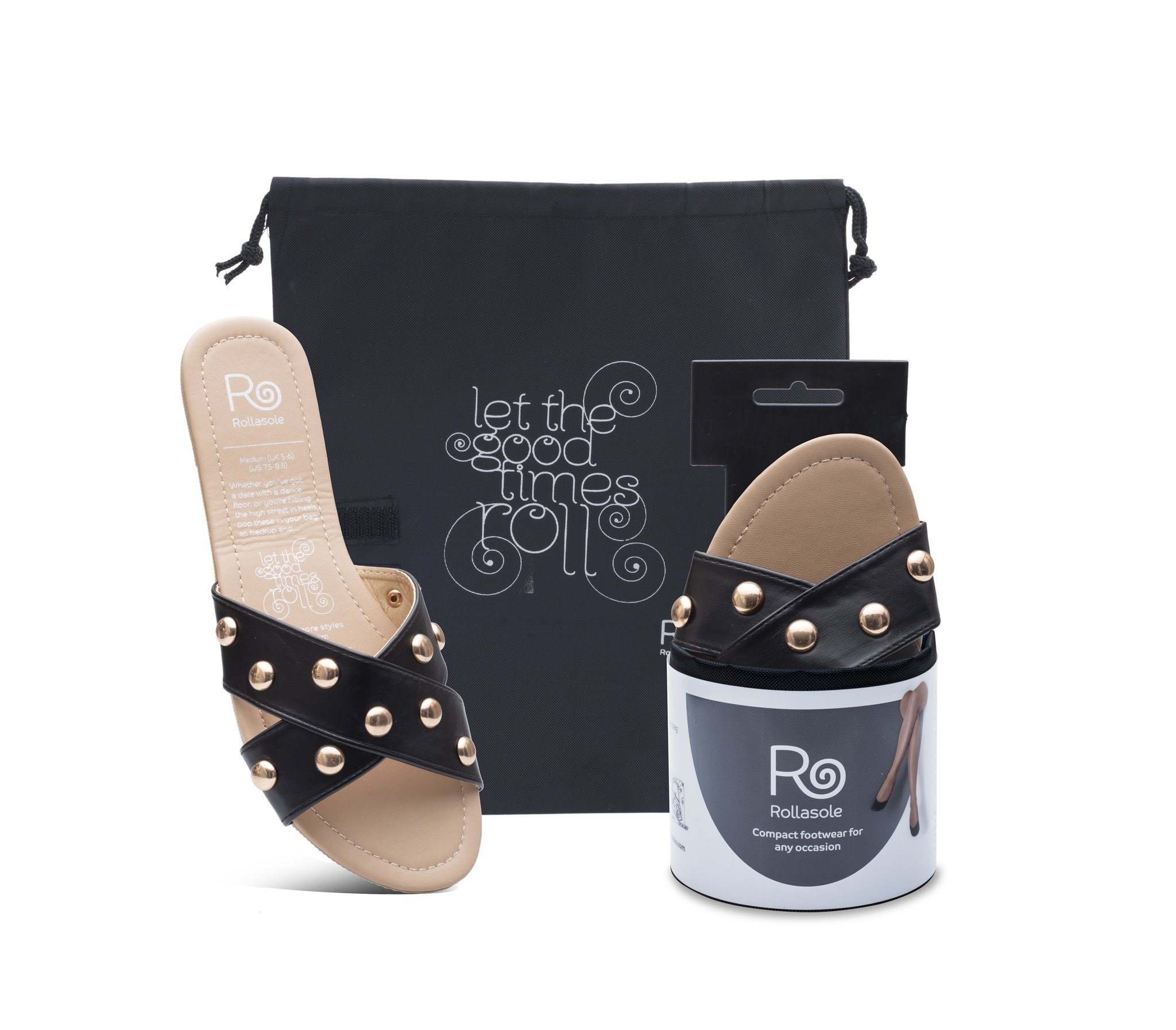 A pair of black studded folded sandals designed for comfort and style, displayed with a high heel carry bag.