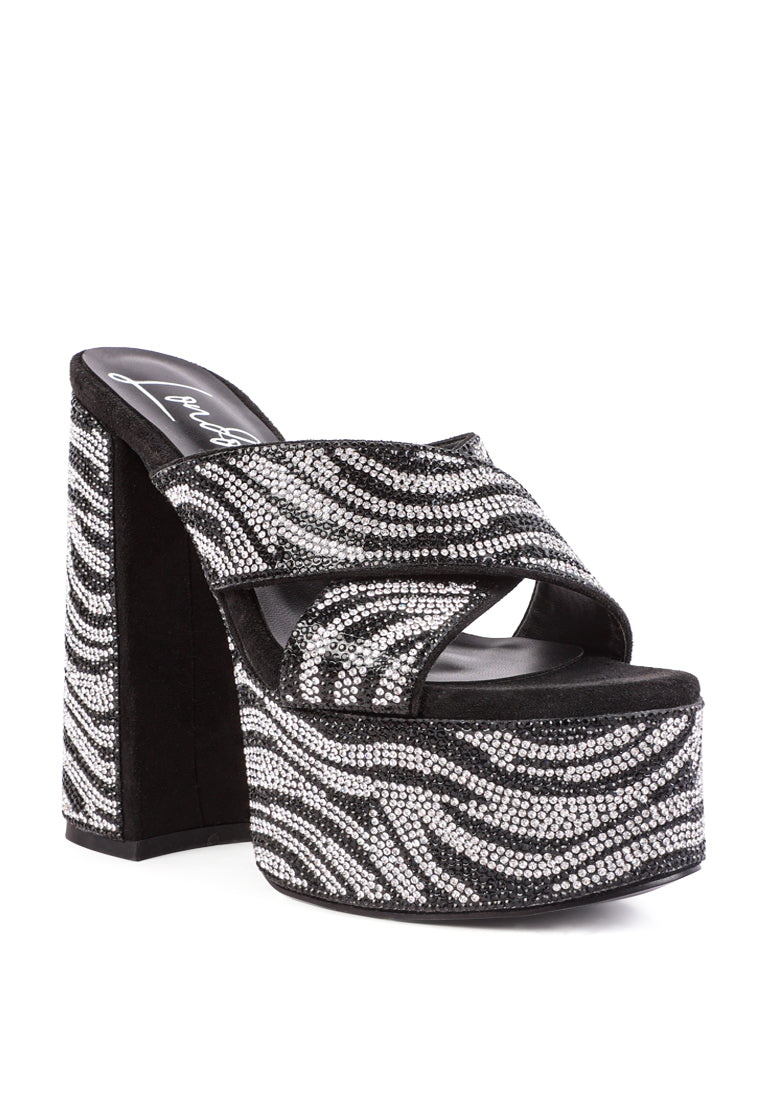 Sinful High Platform Patterned Diamante Slides featuring rhinestone studded faux leather and a padded insole for comfort.